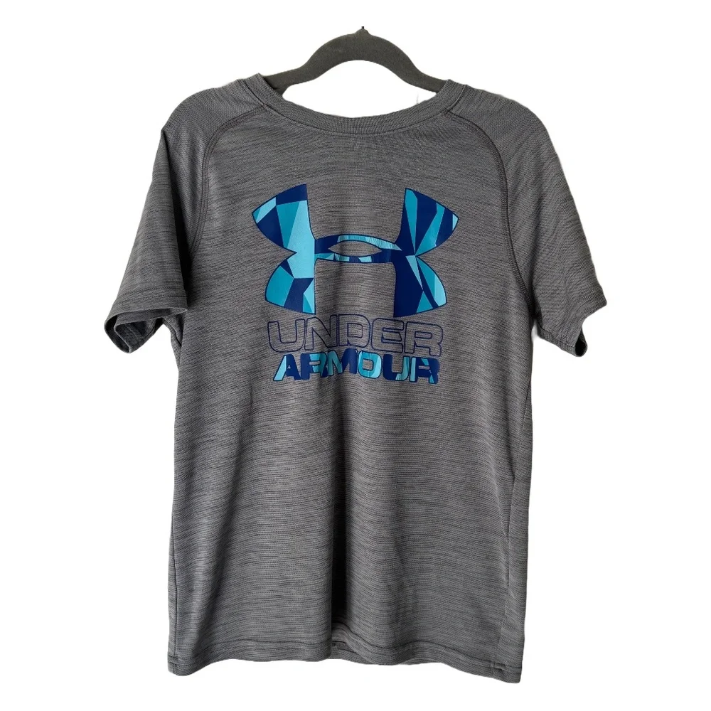 Under Armour Grey HeatGearShirt with Blue Logo Boys Size Youth Medium - Picture 1 of 6